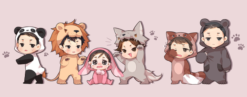 6+boys, amari_(joker_game), animal_costume, bangs, bear_costume, blush, brown_eyes, brown_hair