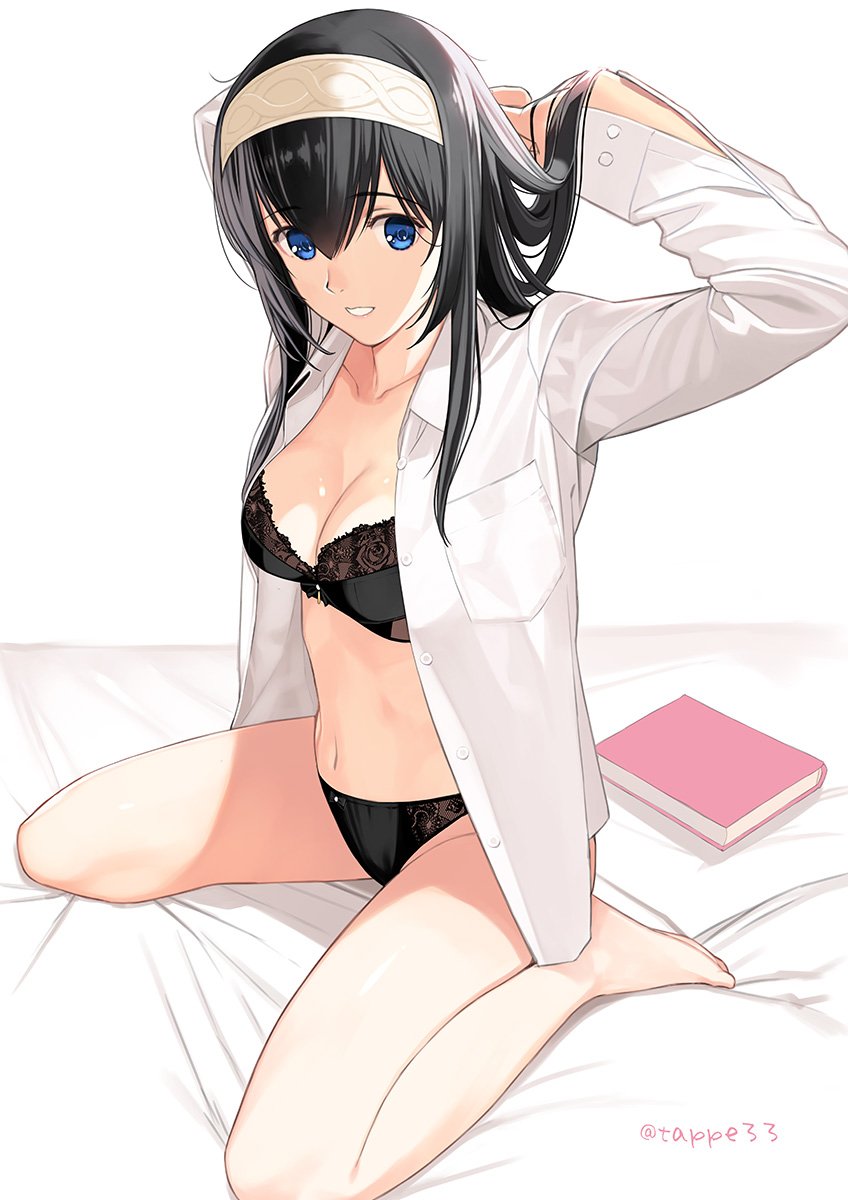 1girl, arms_up, artist_name, barefoot, black_bra, black_hair, black_panties, blue_eyes