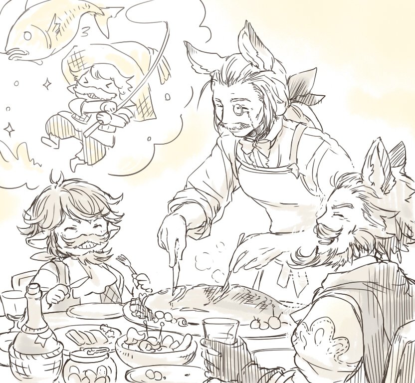 >_<, 3boys, alcohol, animal_ears, beard, closed_eyes, commentary, commentary_request