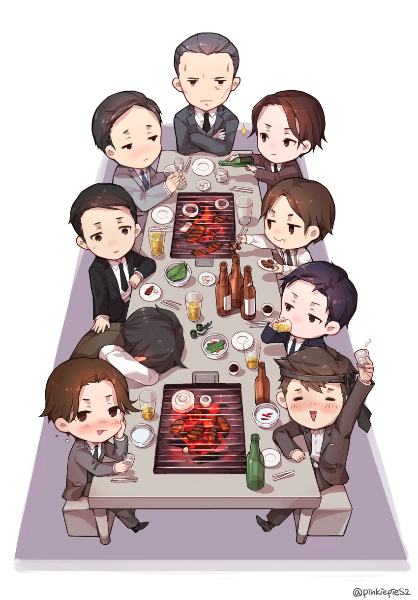 6+boys, absurdres, amari_(joker_game), bangs, blush, brown_eyes, brown_hair, chibi