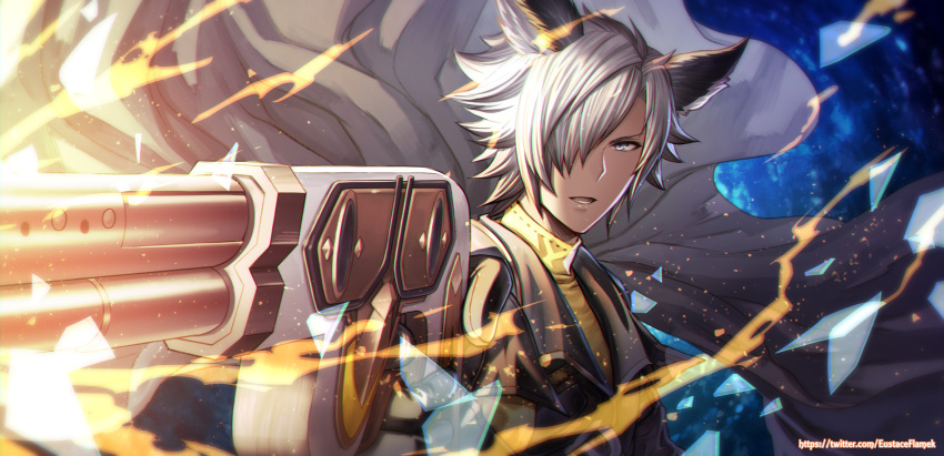 1boy, broken_glass, dark_skin, erun_(granblue_fantasy), eustace-flamek, eustace_(granblue_fantasy), firing, glass