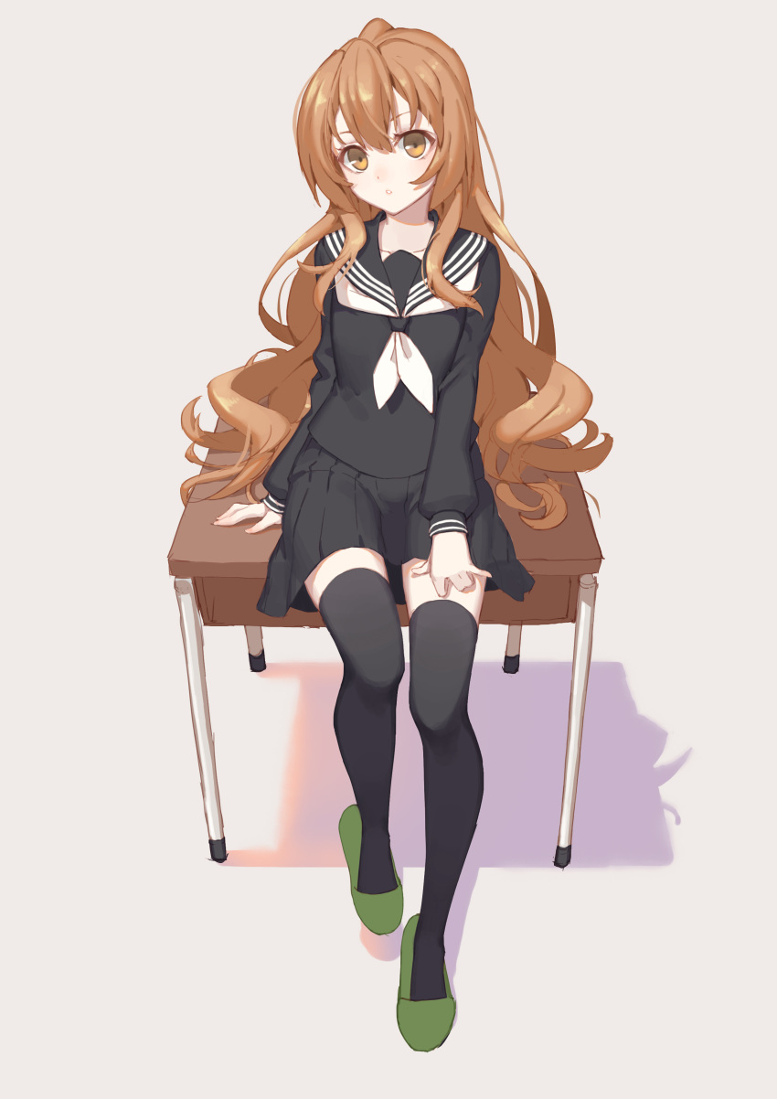 1girl, :o, absurdres, aisaka_taiga, black_serafuku, brown_eyes, brown_hair, desk