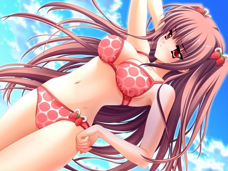 beach, bikini, blush, bra, breasts, cleavage, hair_pin, hand_on_hip