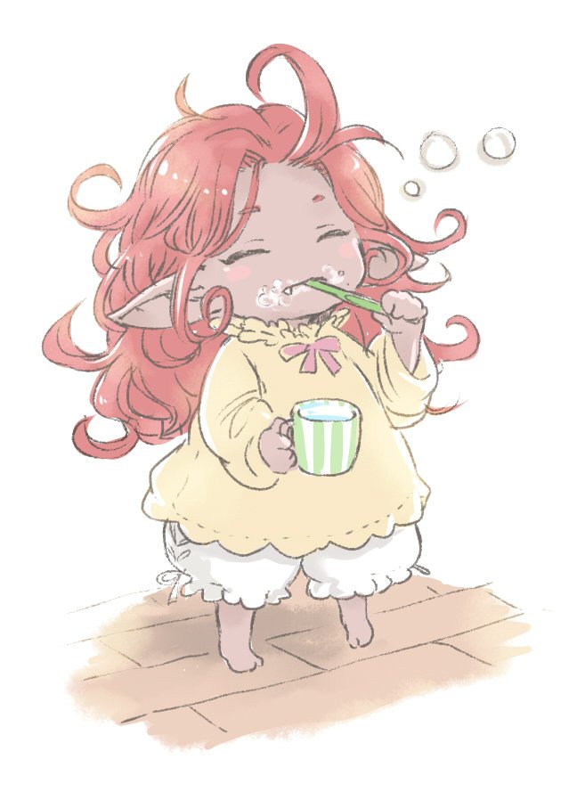 1girl, alternate_costume, alternate_hairstyle, blush_stickers, brushing_teeth, closed_eyes, commentary, commentary_request