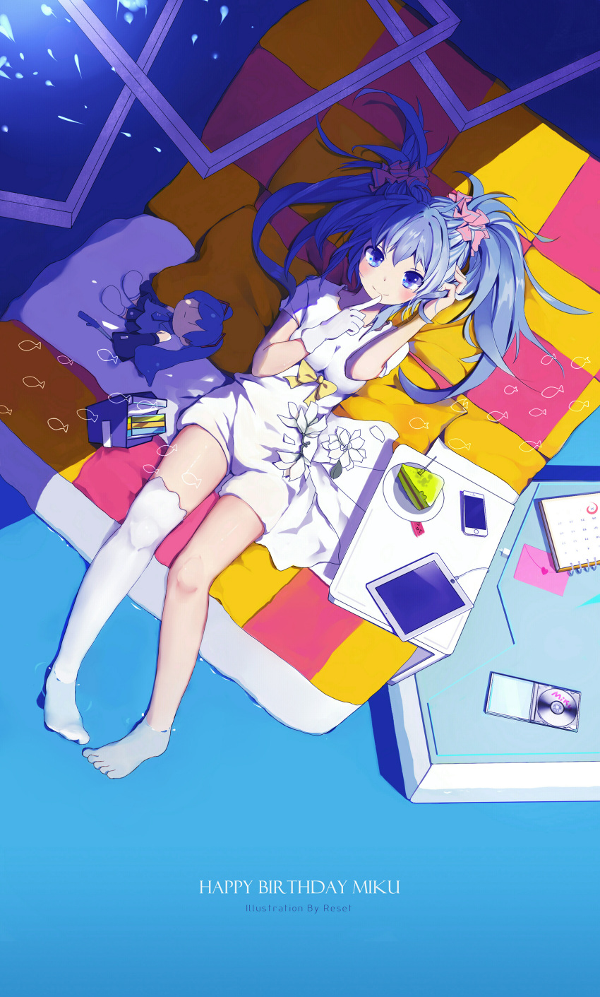 1girl, absurdres, artist_name, bed, blue_eyes, blue_hair, blush, breasts