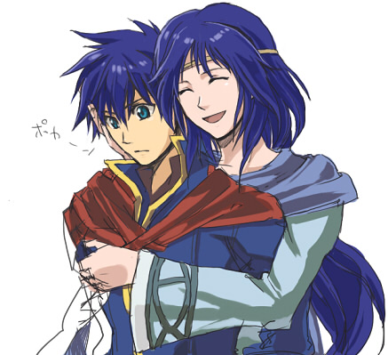 blue_hair, cape, circlet, elena_(fire_emblem), fire_emblem, fire_emblem:_souen_no_kiseki, fire_emblem_path_of_radiance, fire_emblem_radiant_dawn, hug, ike, long_hair, lowres, mother_and_son, smile