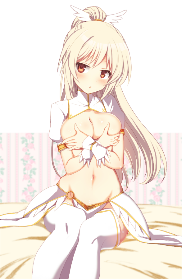 1girl, blonde_hair, blush, breasts, brown_eyes, covering, covering_breasts, groin, head_tilt, high_ponytail, large_breasts, long_hair, nachisuke_(nachi_comic), nanaly_(sennen_sensou_aigis), navel, o-ring, parted_lips, pelvic_curtain, puffy_short_sleeves, puffy_sleeves, sennen_sensou_aigis, short_sleeves, sitting, skirt, solo, thigh-highs, white_background, white_legwear