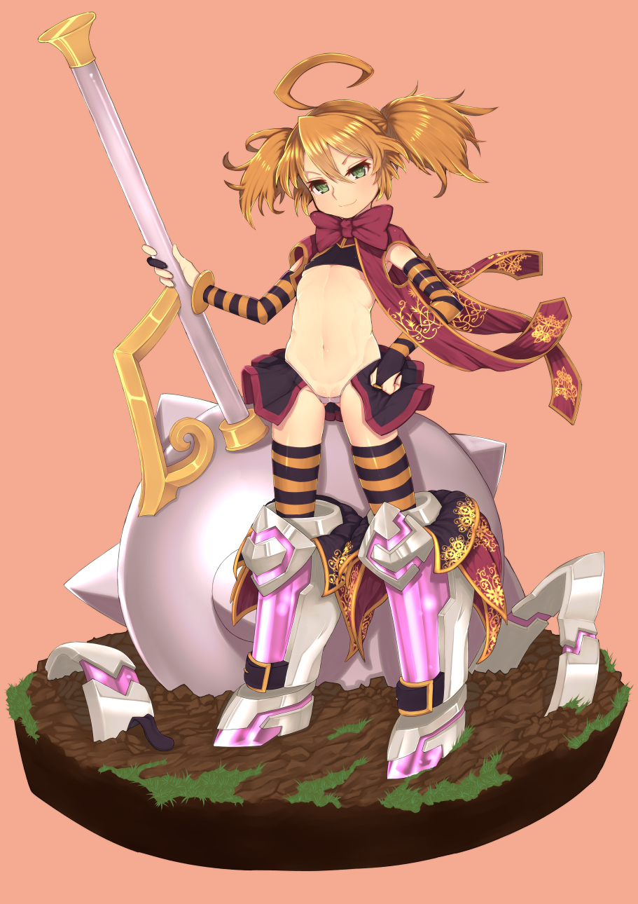 >:), 1girl, ahoge, armor, armored_boots, blush, boots, bridal_gauntlets, brown_hair, closed_mouth, commentary_request, dina_(sennen_sensou_aigis), eyebrows_visible_through_hair, flat_chest, full_body, hair_between_eyes, hand_on_hip, head_tilt, highres, legs_apart, mace, navel, object9991, orange_background, panties, purple_panties, sennen_sensou_aigis, simple_background, smile, solo, standing, striped, striped_legwear, thigh-highs, twintails, underwear, weapon