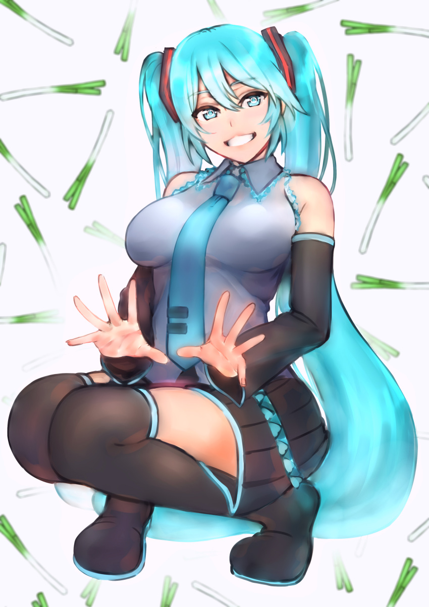 1girl, absurdres, bare_shoulders, black_legwear, blue_eyes, blue_hair, breasts, detached_sleeves