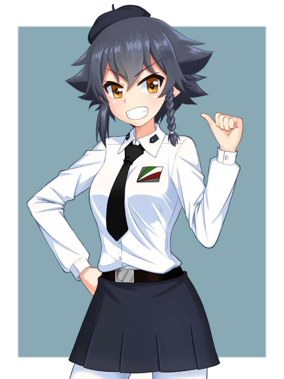 1girl, belt, beret, black_hair, black_necktie, black_skirt, blush, braid