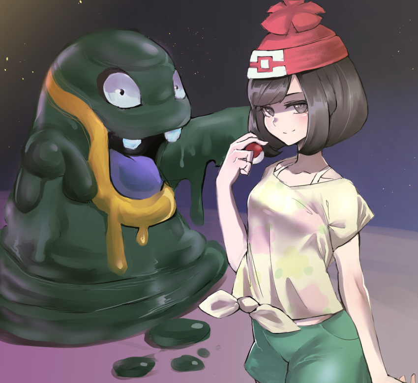1girl, bangs, beanie, black_eyes, black_hair, evil_smile, green_shorts, hashimoto_(soukidann2010)