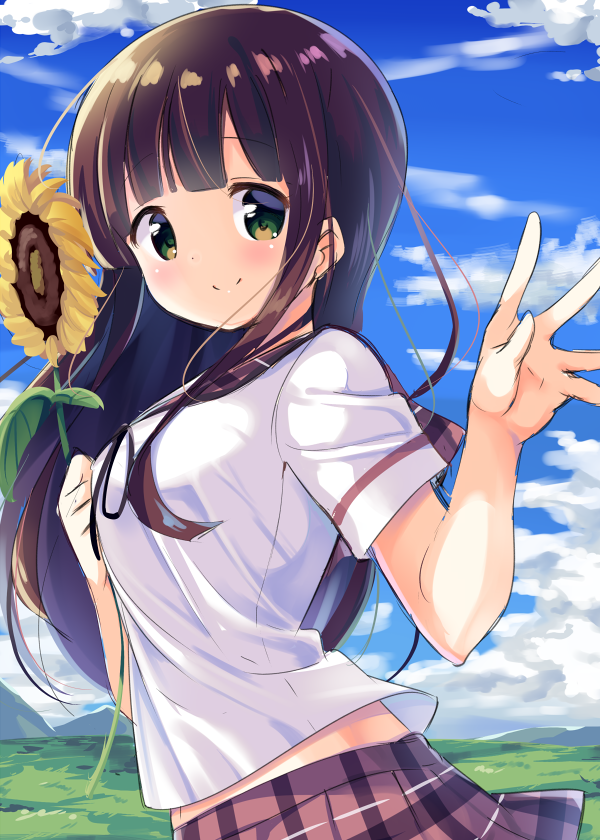 1girl, bangs, black_hair, blouse, blue_sky, blunt_bangs, blush, breasts, brown_hair, brown_sailor_collar, brown_skirt, closed_mouth, clouds, commentary_request, cowboy_shot, day, flower, gochuumon_wa_usagi_desu_ka?, grass, green_eyes, holding, holding_flower, kurou_(quadruple_zero), large_breasts, long_hair, looking_at_viewer, midriff_peek, mountain, navel, outdoors, plaid, plaid_sailor_collar, plaid_skirt, sailor_collar, school_uniform, serafuku, short_sleeves, skirt, sky, smile, solo, standing, sunflower, ujimatsu_chiya, white_blouse