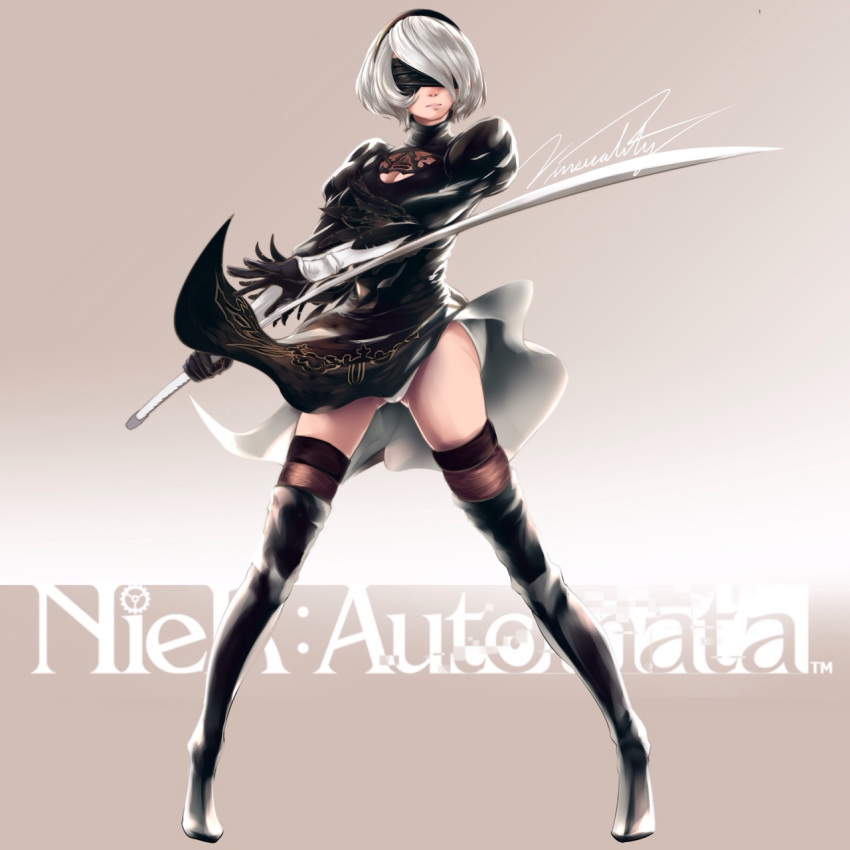 1girl, black_hairband, blindfold, boots, breasts, cleavage, copyright_name, covered_eyes, dress, facing_viewer, feather-trimmed_sleeves, full_body, hairband, highres, juliet_sleeves, katana, leotard, leotard_under_clothes, long_sleeves, medium_breasts, nier_(series), nier_automata, no_mole, puffy_sleeves, ribbed_dress, signature, silver_hair, solo, sword, thigh-highs, thigh_boots, thighhighs_under_boots, vambraces, vinsuality, weapon, white_leotard, wind, wind_lift, yorha_no._2_type_b