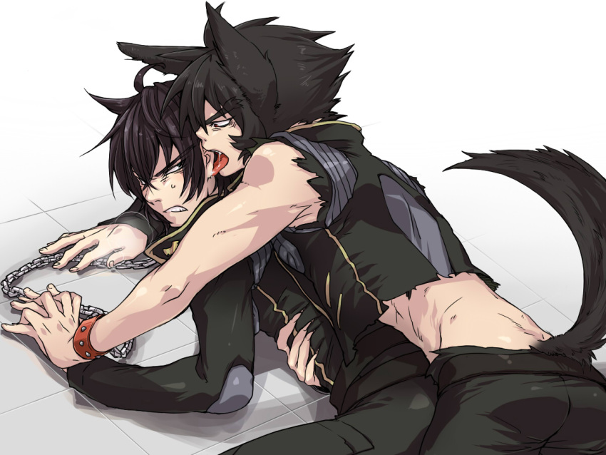 2boys, animal_ears, annoyed, bare_shoulders, black_hair, chains, ear_licking, kaidou_ken