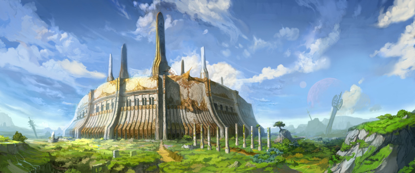 absurdres, arena, cloud, fantasy, highres, landscape, moon, nature