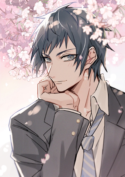 1boy, black_hair, blue_eyes, cherry_blossoms, chin_rest, final_fantasy, final_fantasy_xv, looking_at_viewer