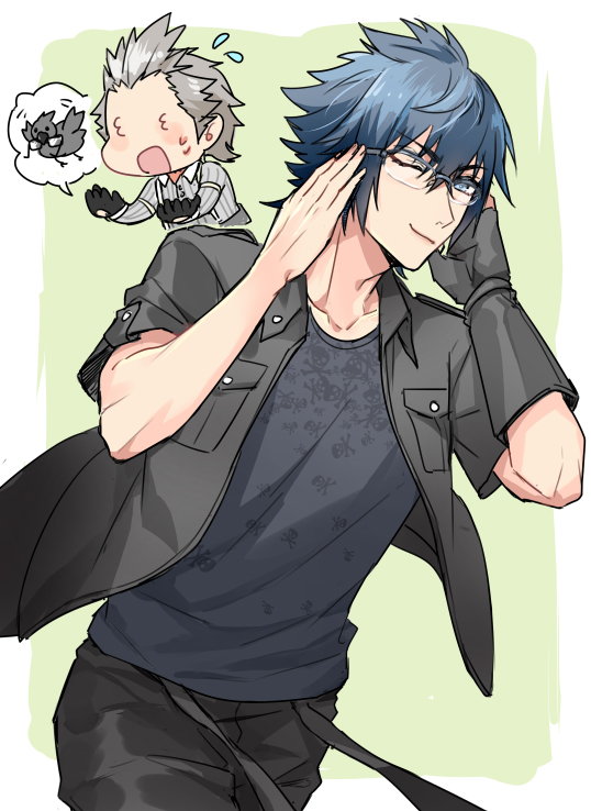 2boys, 3_3, bespectacled, black_clothes, black_jacket, blue_hair, chocobo, final_fantasy