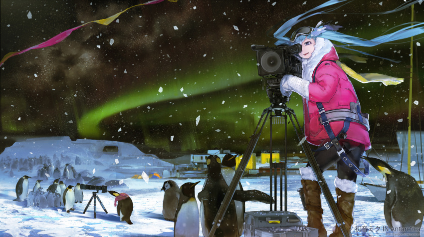 1girl, antarctica, aqua_hair, aurora, bird, blue_eyes, boots, camera, coat, el-zheng, floating_hair, goggles, goggles_on_head, hatsune_miku, highres, knee_boots, long_hair, night, parka, penguin, scarf, sky, snow, snow_boots, snowing, solo, star_(sky), starry_sky, tripod, twintails, very_long_hair, video_camera, vocaloid