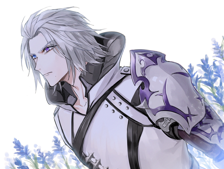 1boy, blue_eyes, final_fantasy, final_fantasy_xv, flower, heterochromia, high_collar, male_focus