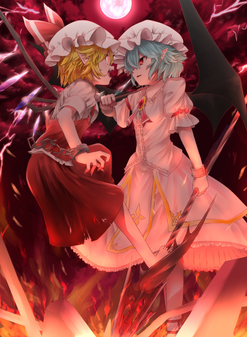 2girls, absurdres, barefoot, bat_wings, blonde_hair, blue_hair, bracelet, brooch