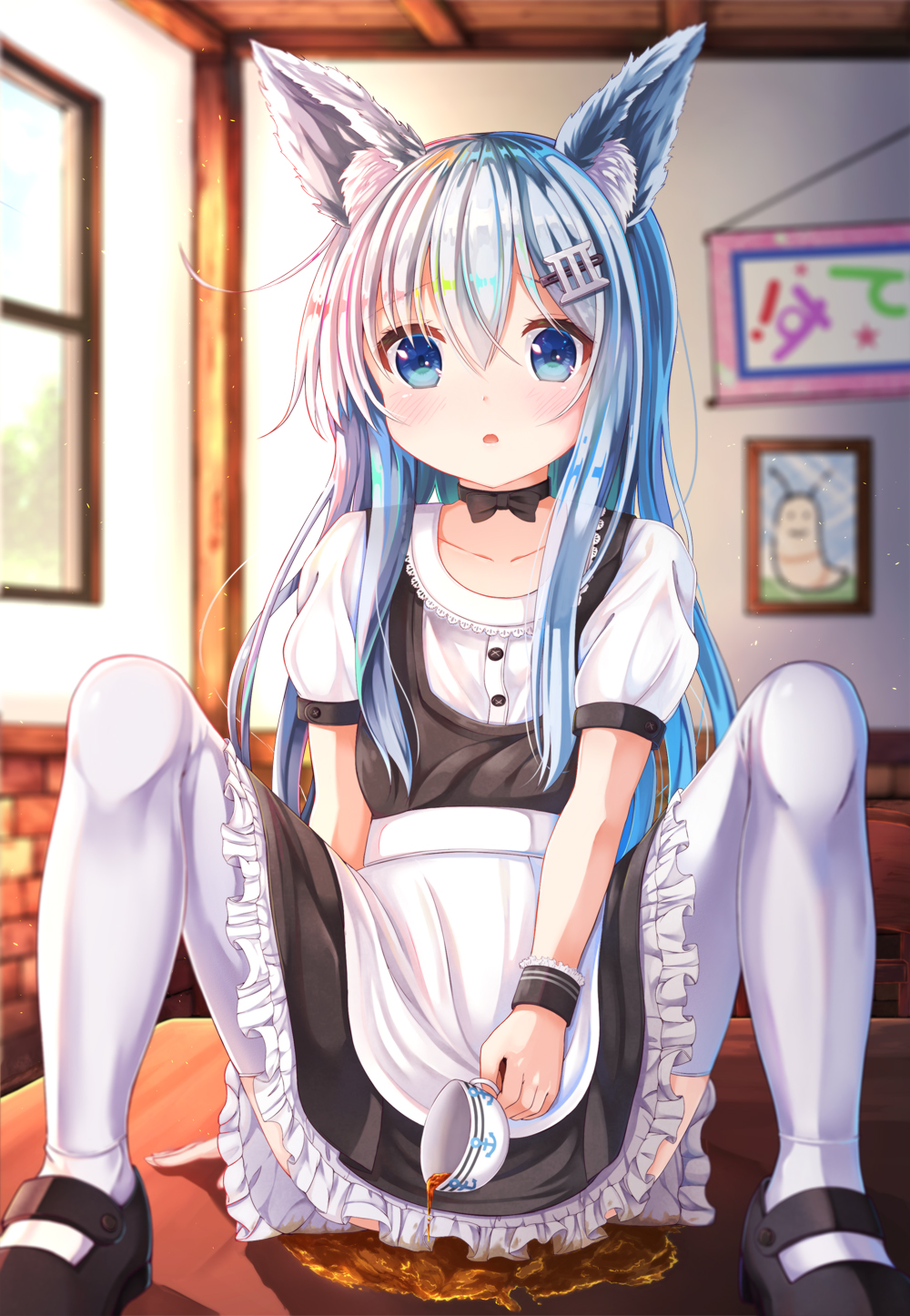 1girl, alternate_costume, animal_ears, apron, black_shoes, black_tea, blue_eyes, blush