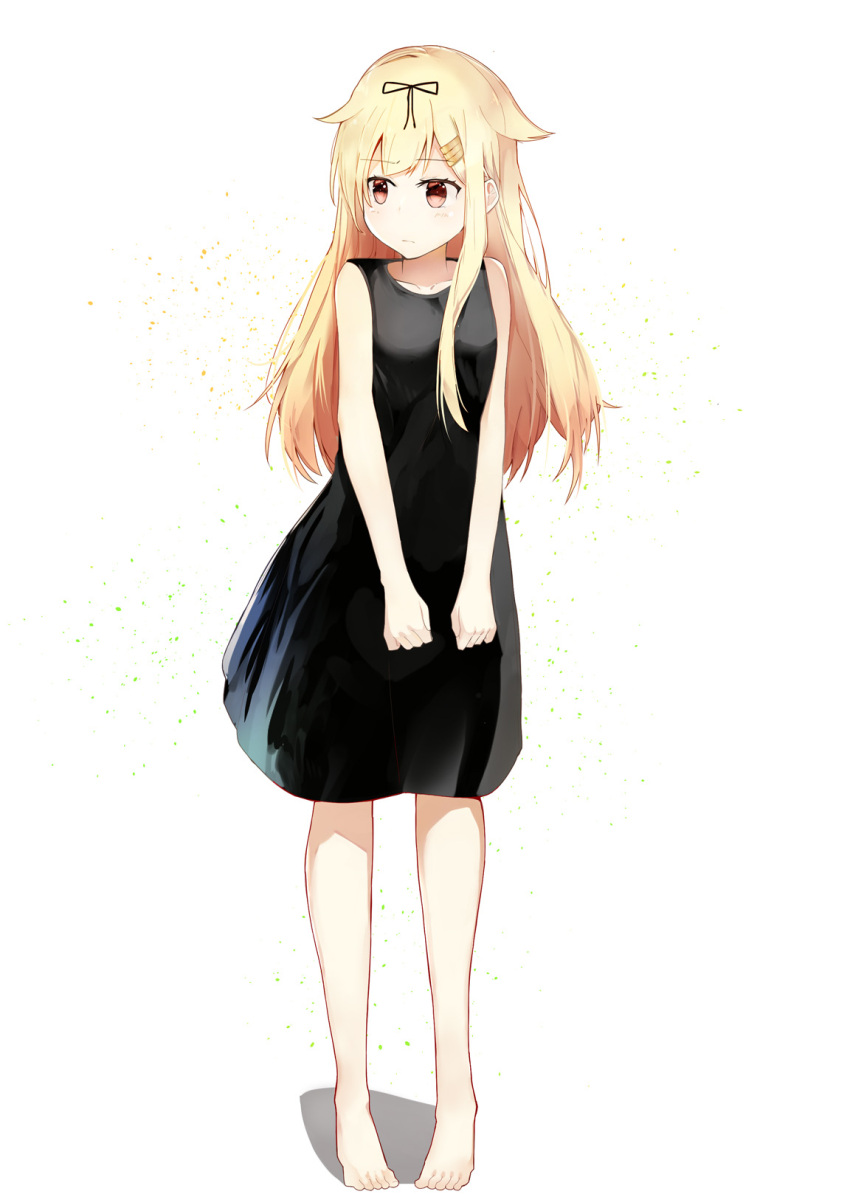 1girl, alternate_costume, bangs, bare_arms, bare_legs, bare_shoulders, barefoot, black_dress