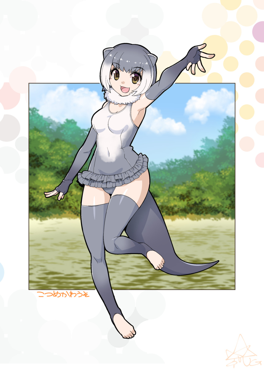 animal_ears, commentary_request, elbow_gloves, fingerless_gloves, fur_collar, gloves, grey_hair, highres
