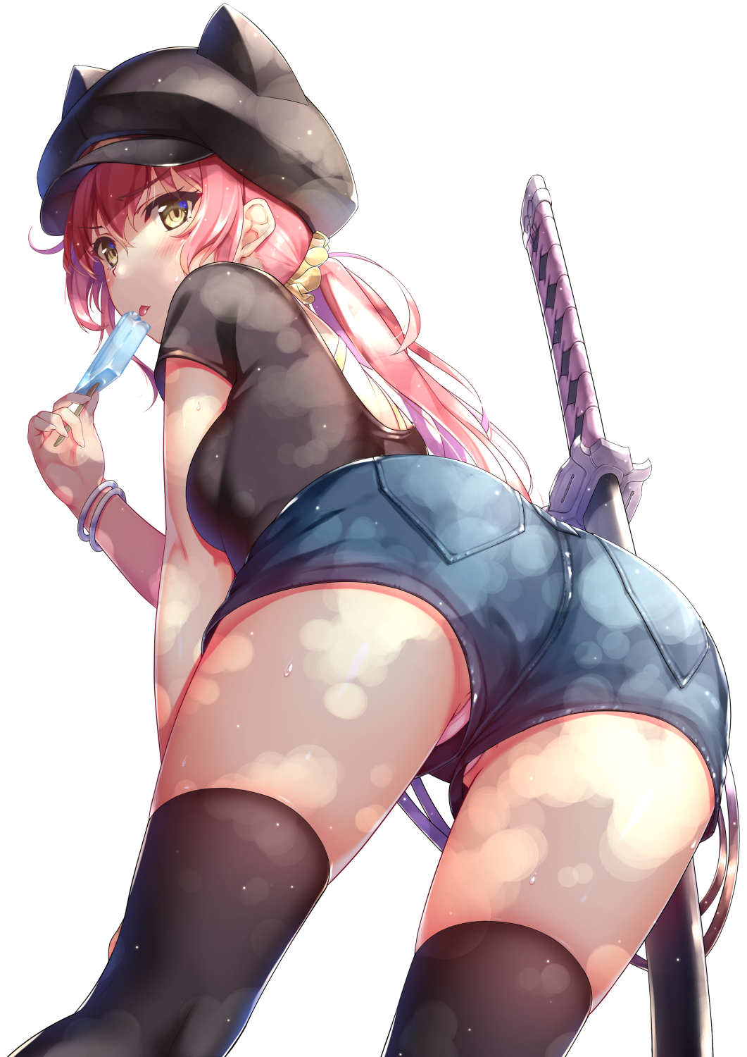 1girl, animal_hat, arched_back, ass, bangs, black_legwear, black_shirt, bracelet