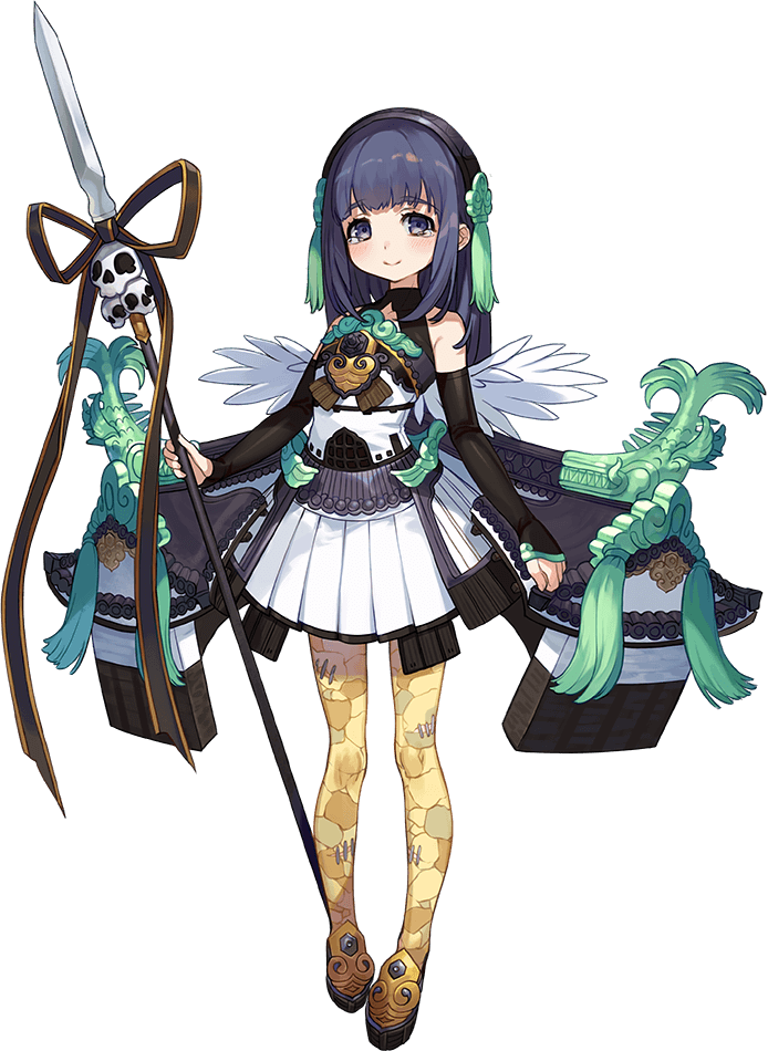 1girl, arm_warmers, bangs, black_hair, full_body, hairband, holding, holding_spear