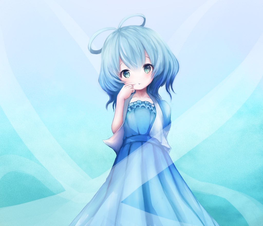 1girl, arm_behind_back, bangs, blue_background, blue_dress, blue_eyes, blue_hair, blush