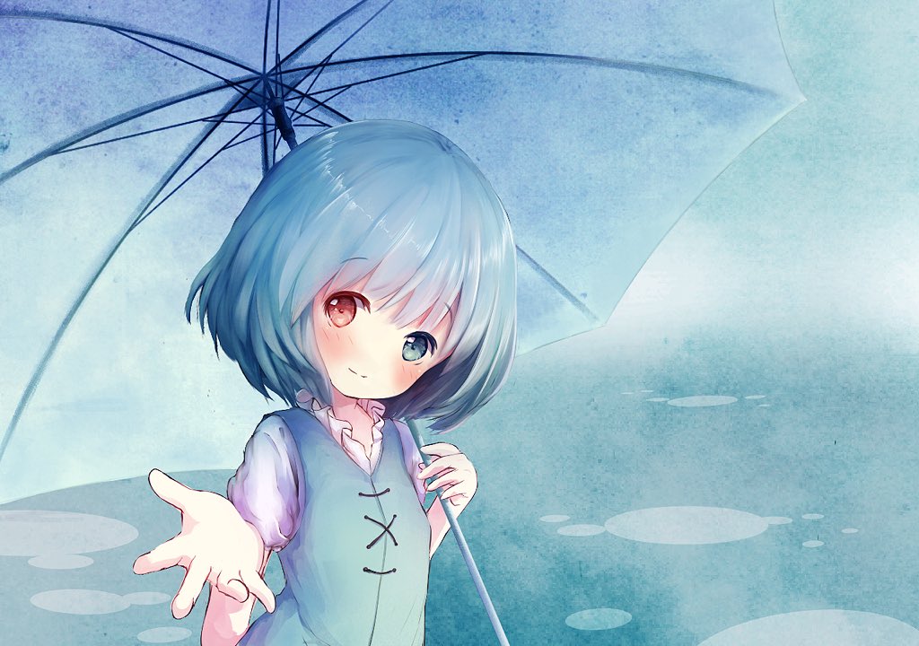 1girl, blue_background, blue_hair, blue_vest, blush, closed_mouth, eyebrows_visible_through_hair, head_tilt