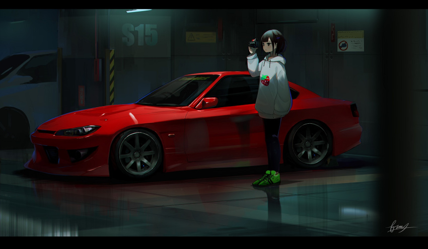 1girl, artist_name, black_eyes, black_hair, blurry, camera, car, denim