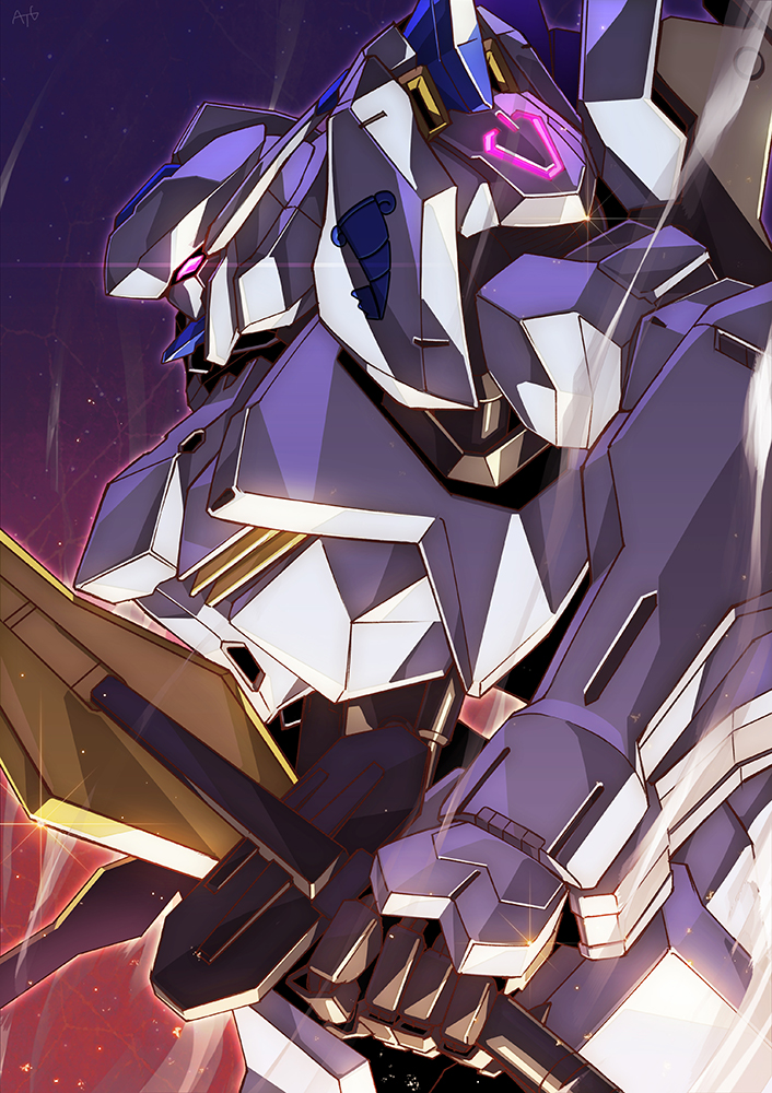degarashi_(ponkotsu), glowing, glowing_eyes, gundam, gundam_bael, gundam_tekketsu_no_orphans, holding, holding_sword