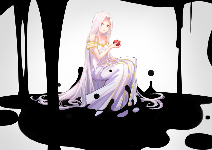 1girl, absurdres, apple, bare_arms, bare_shoulders, breasts, cleavage, closed_mouth