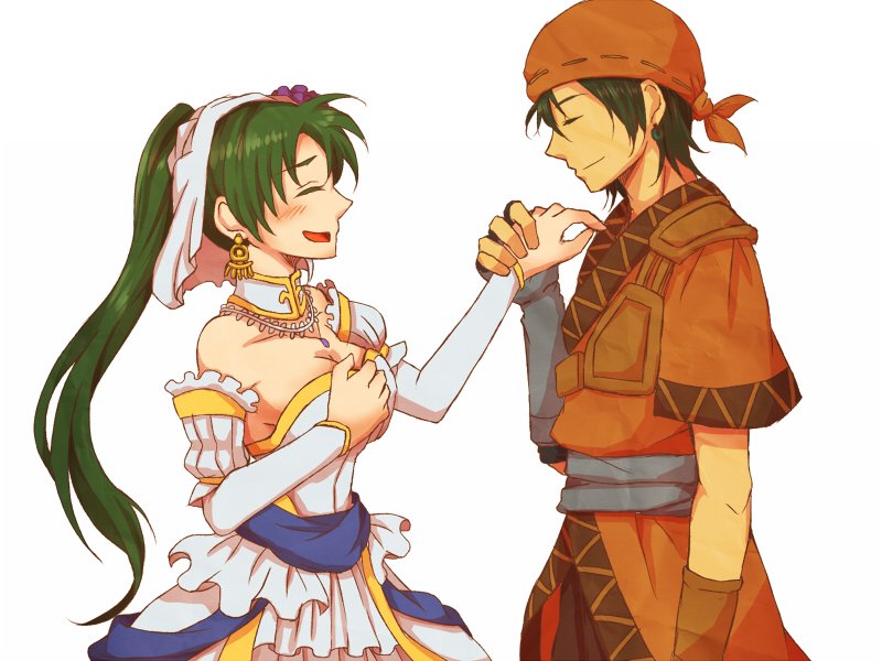 1boy, 1girl, bandanna, blush, breasts, closed_eyes, dress, earrings