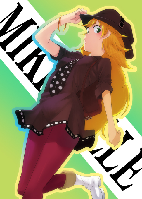 blonde_hair, boots, bracelet, casual, from_below, green_eyes, hat, hoshii_miki