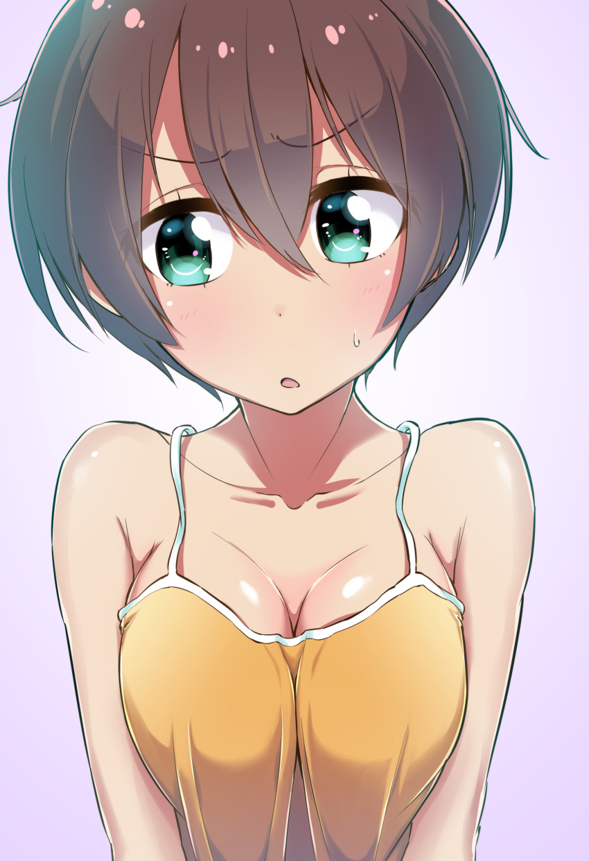 1girl, absurdres, aqua_eyes, bare_shoulders, blush, breasts, brown_hair, cleavage, highres, large_breasts, new_game!, open_mouth, shinoda_hajime, short_hair, solo, sweatdrop, t~t