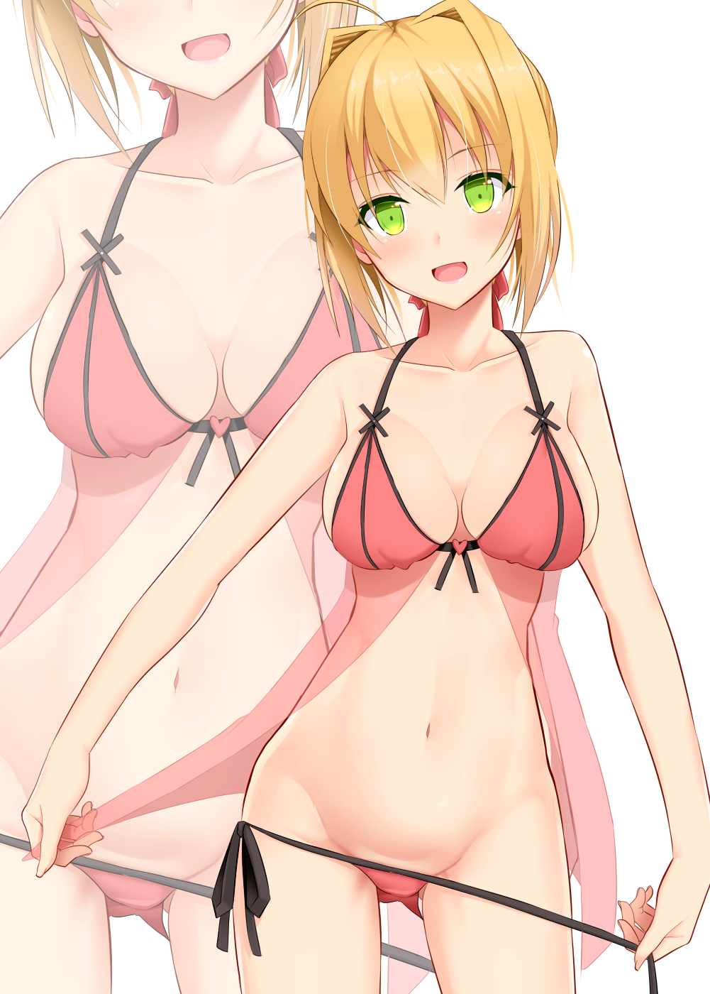 1girl, :d, ahoge, babydoll, blonde_hair, breasts, cowboy_shot, fate/extra