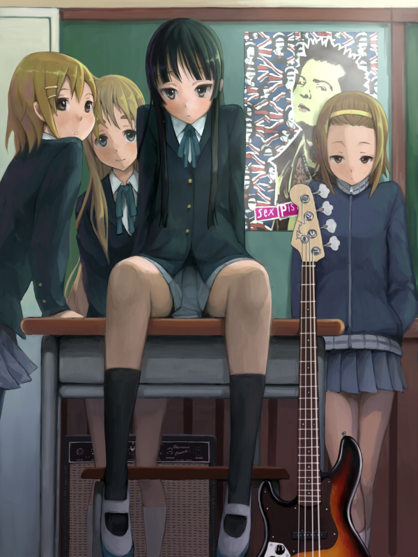 akiyama_mio, amp, amplifier, bad_id, bass_guitar, black_hair, blonde_hair, blue_eyes