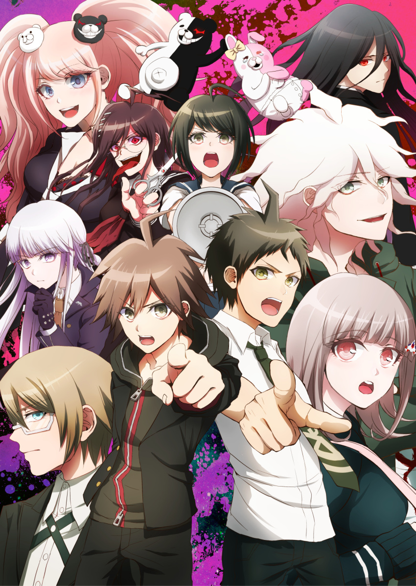 5boys, 5girls, :d, bear_hair_ornament, black_bra, black_gloves, black_hair, black_necktie, black_pants, black_ribbon, black_sweater, blue_eyes, bra, breasts, brown_hair, brown_necktie, cleavage, dangan_ronpa, dress_shirt, dual_persona, enoshima_junko, eyebrows_visible_through_hair, fukawa_touko, gloves, green_eyes, green_sweater, grey_hair, hair_between_eyes, hair_ornament, hair_ribbon, highres, hinata_hajime, holding_scissors, hood, hooded_sweater, index_finger_raised, kamukura_izuru, kirigiri_kyouko, komaeda_nagito, large_breasts, long_hair, medium_breasts, monokuma, monomi_(dangan_ronpa), multiple_boys, multiple_girls, naegi_komaru, naegi_makoto, nanami_chiaki, neckerchief, necktie, open_mouth, outstretched_arm, pants, red_eyes, red_neckerchief, ribbon, school_uniform, shirt, short_sleeves, silver_hair, smile, sweater, tongue, tongue_out, underwear, very_long_hair, white-framed_eyewear, white_shirt, zerusu_(gelus)