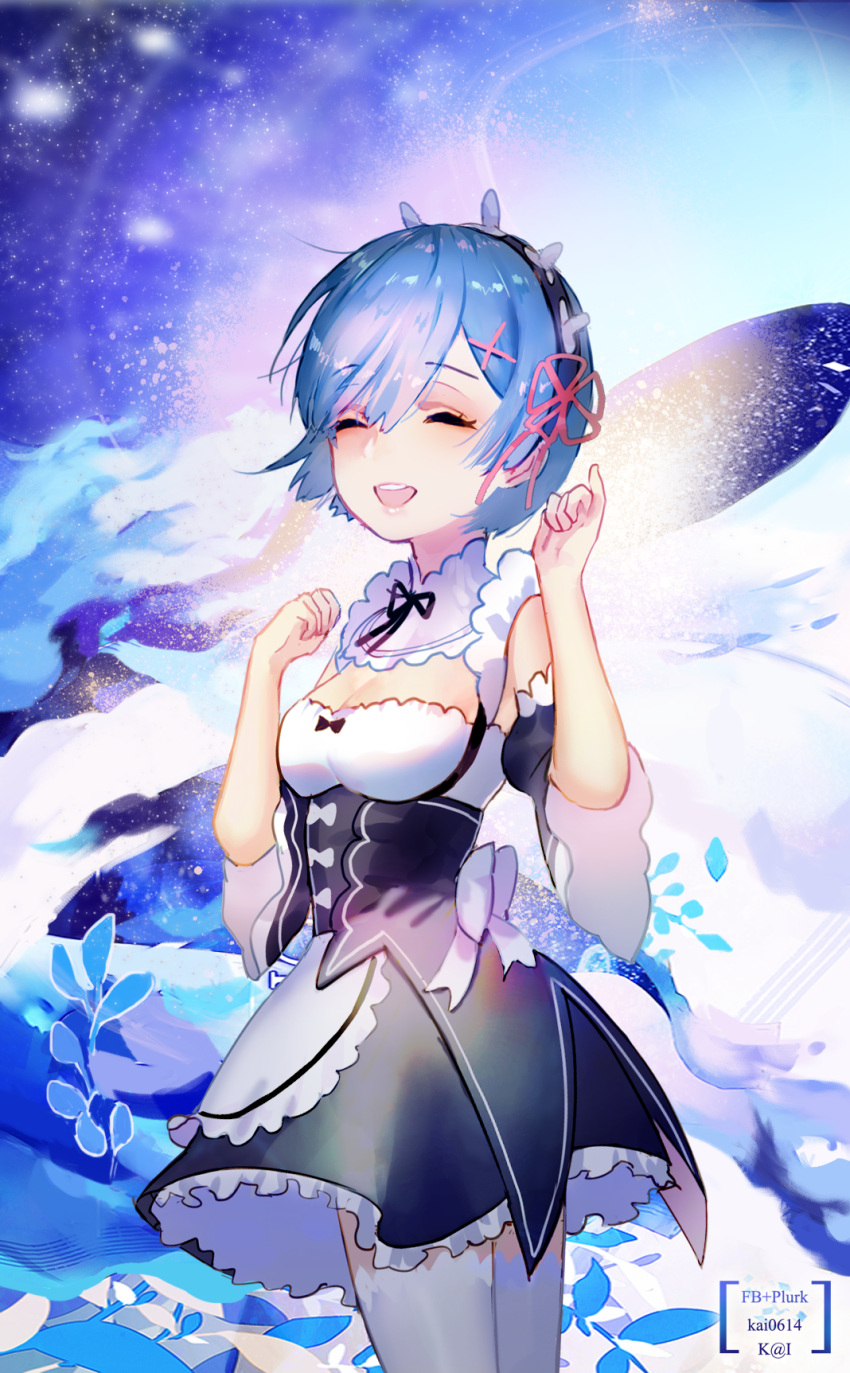 1girl, black_hairband, black_ribbon, black_skirt, blue_hair, breasts, choker, cleavage