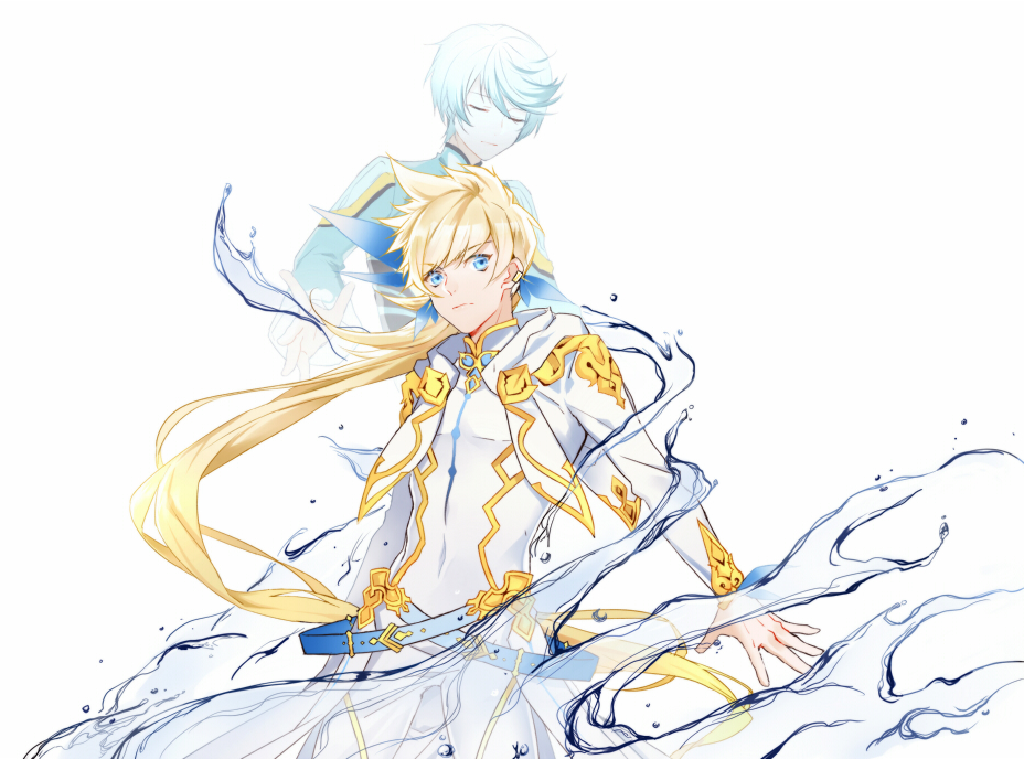 2boys, belt, blonde_hair, blue_hair, blue_ribbon, bodysuit, closed_eyes, covered_navel