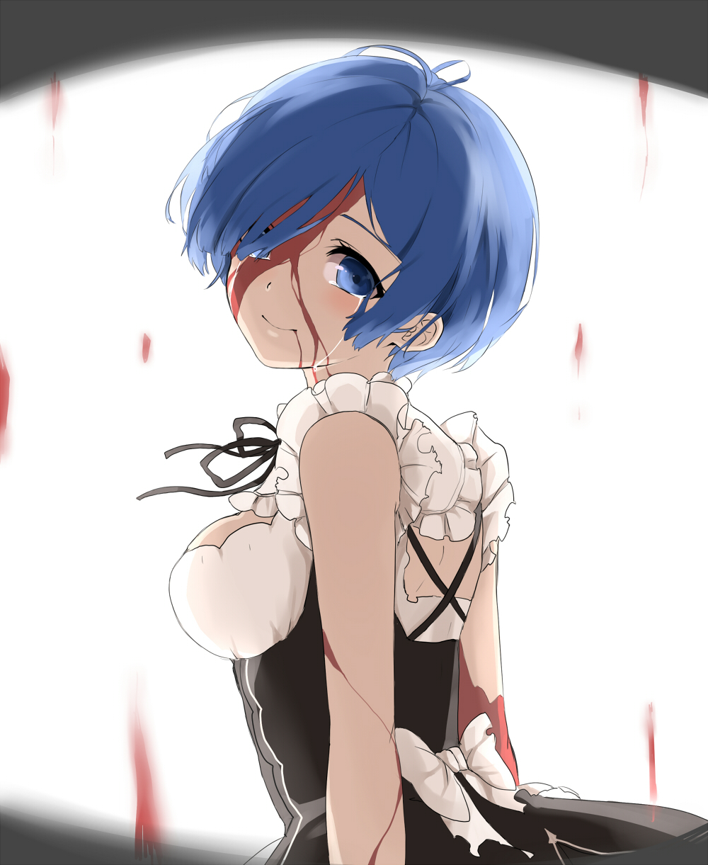 1girl, black_ribbon, blood, blood_on_face, blue_eyes, blue_hair, bow, breasts
