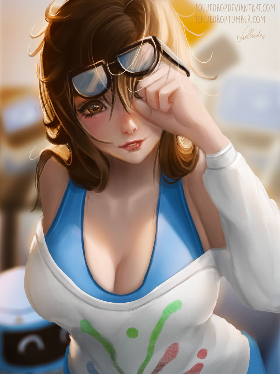 1girl, artist_name, black-framed_eyewear, blue_shirt, blurry, blurry_background, breasts, brown_eyes, brown_hair, cleavage, collarbone, drone, eyelashes, glasses, glasses_on_head, hair_down, highres, large_breasts, lips, lolliedrop, long_sleeves, looking_at_viewer, medium_hair, mei_(overwatch), overwatch, parted_lips, print_shirt, rise_and_shine_mei, robot, rubbing_eyes, shirt, signature, smile, snowball_(overwatch), solo, tank_top, undershirt, upper_body, watermark, web_address, white_shirt
