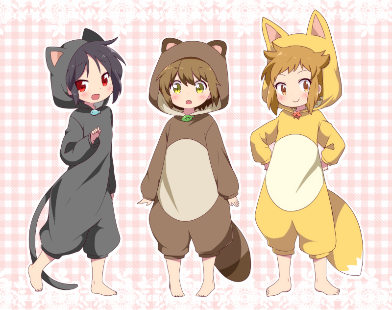 3boys, animal_costume, animal_ears, barefoot, black_hair, brown_eyes, brown_hair, cat_costume