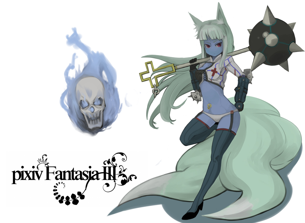 blue_skin, garter_belt, gigandal_federation, gloves, green_hair, long_hair, mace, monster_girl