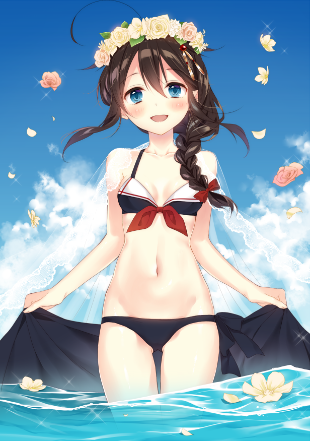 1girl, :d, adapted_costume, bikini, black_bikini, black_hair, blue_eyes, blush