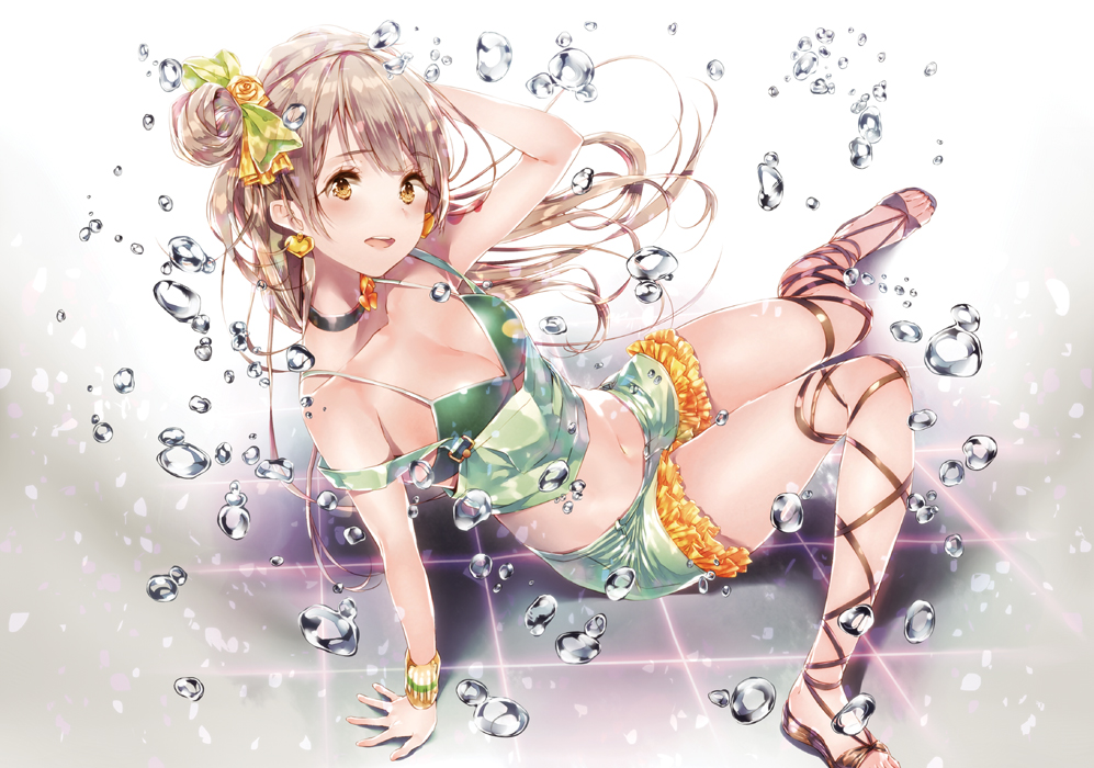 1girl, ankle_lace-up, arm_support, armband, bare_shoulders, blush, bow, breasts