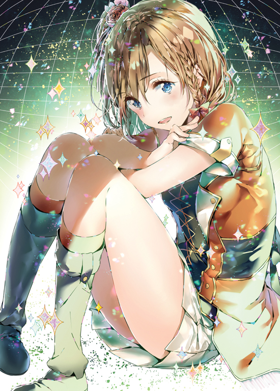 1girl, blue_eyes, blush, bokura_no_live_kimi_to_no_life, boots, braid, brown_hair, dsmile
