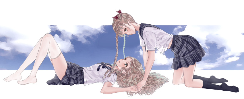 2girls, black_legwear, black_skirt, blue_eyes, blue_reflection, blush, braid, brown_hair, hair_ribbon, highres, kishida_mel_(style), long_hair, looking_at_another, lying, multiple_girls, on_back, parted_lips, red_ribbon, revision, ribbon, roki_(0214278), shijou_raimu, shijou_yuzuki, skirt, thigh-highs, twin_braids, white_legwear